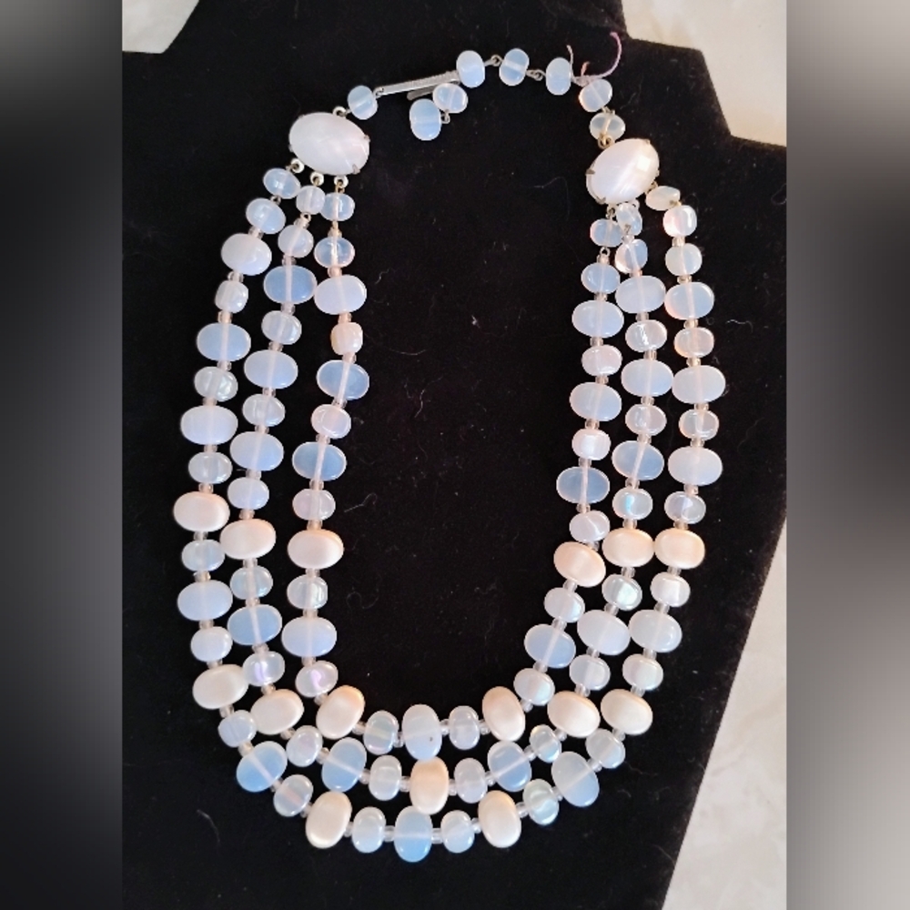 Vintage West Germany 3 Strand Moonstone & Mother of Pearl Bib Necklace
